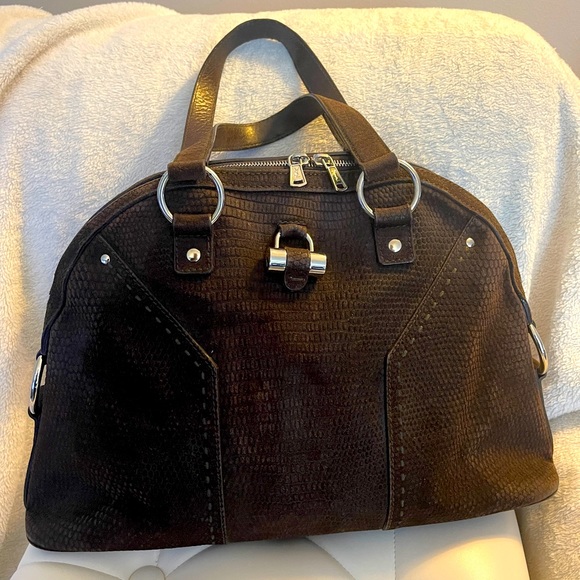 YSL Yves Saint Laurent Muse Lizard Print Suede Satchel Dark Brown - Picture 1 of 11